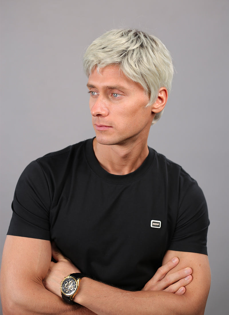 Ash Blonde With Dark Roots Straight Pixie Synthetic Hair Men's Wig NM021