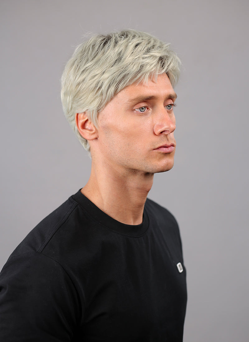Ash Blonde With Dark Roots Straight Pixie Synthetic Hair Men's Wig NM021
