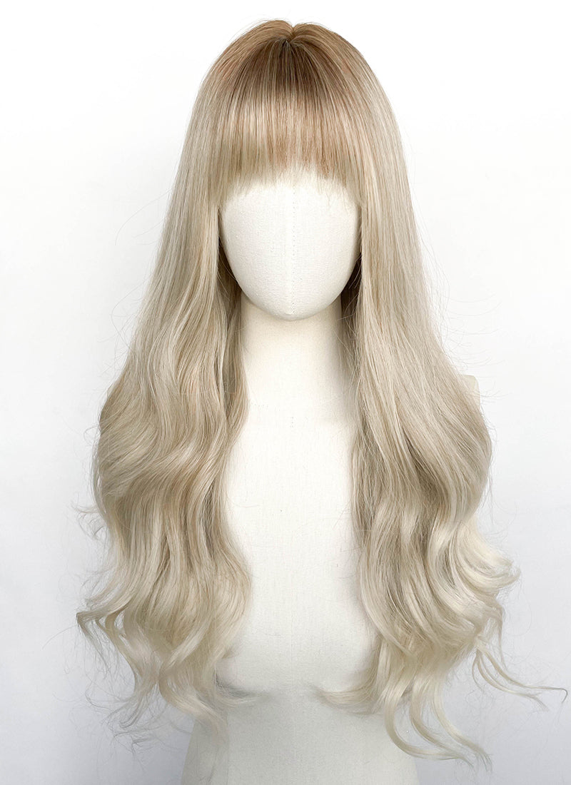 Ash Blonde With Brown Roots Wavy Synthetic Wig CSX098