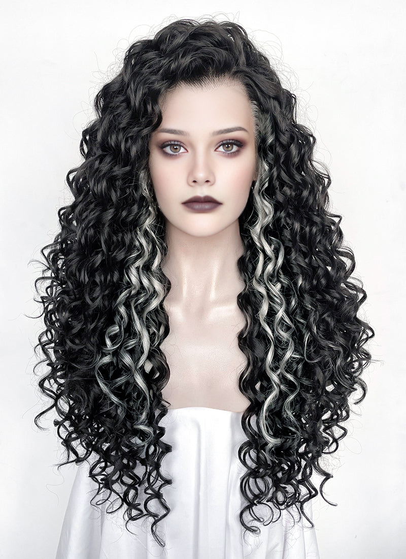Black Mixed Silver Grey Curly Lace Front Synthetic Hair Wig LF1334
