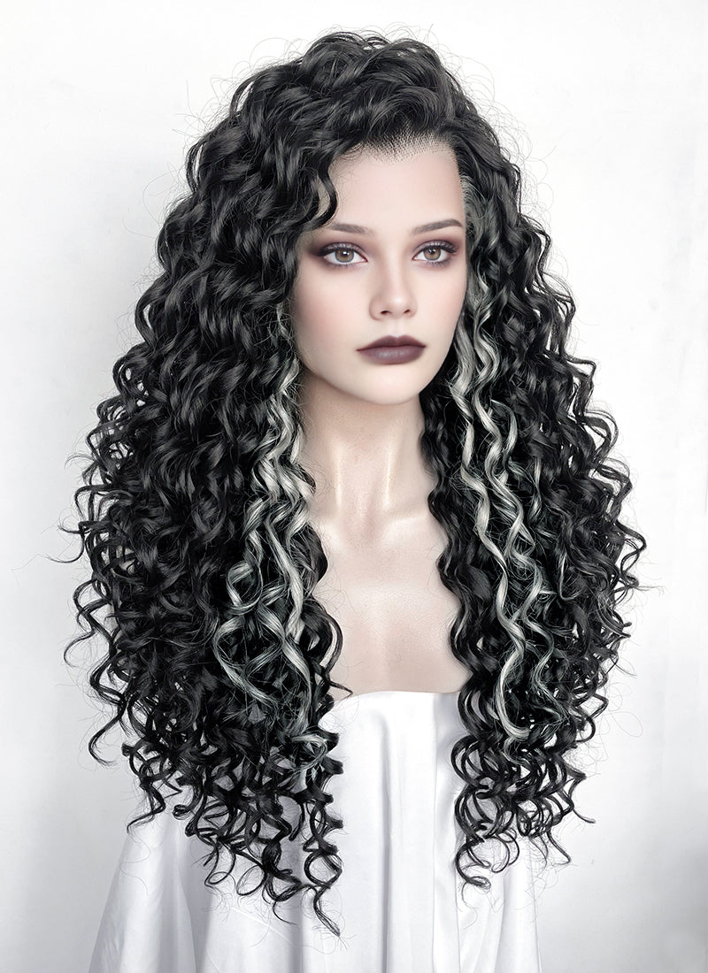 Black Mixed Silver Grey Curly Lace Front Synthetic Hair Wig LF1334