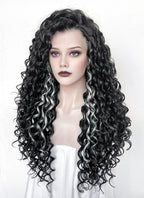 Black Mixed Silver Grey Curly Lace Front Synthetic Hair Wig LF1334