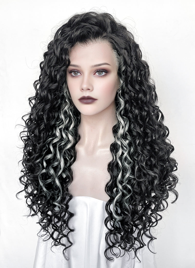 Black Mixed Silver Grey Curly Lace Front Synthetic Hair Wig LF1334