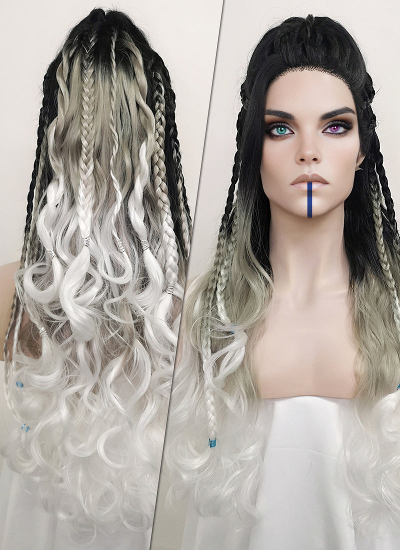 Critical Role Yasha Nydoorin Black Grey White Ombre Braided Lace Front Synthetic Wig LF2121