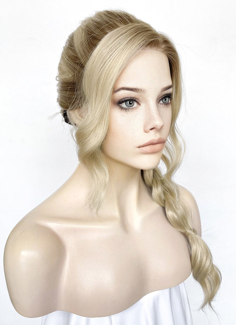 Ash Blonde With Brown Roots Braided Lace Front Synthetic Wig LF2163