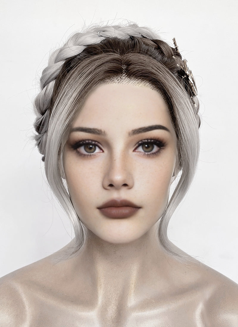 Fourth Wing Violet Sorrengail Brunette Silver Grey Ombre Braided Lace Front Synthetic Wig LF2188