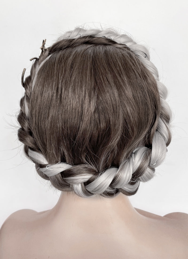 Fourth Wing Violet Sorrengail Brunette Silver Grey Ombre Braided Lace Front Synthetic Wig LF2188