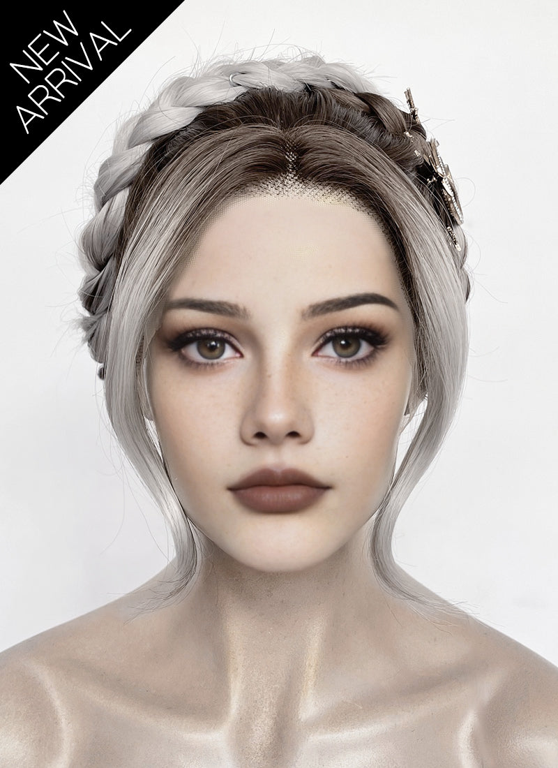 Fourth Wing Violet Sorrengail Brunette Silver Grey Ombre Braided Lace Front Synthetic Wig LF2188
