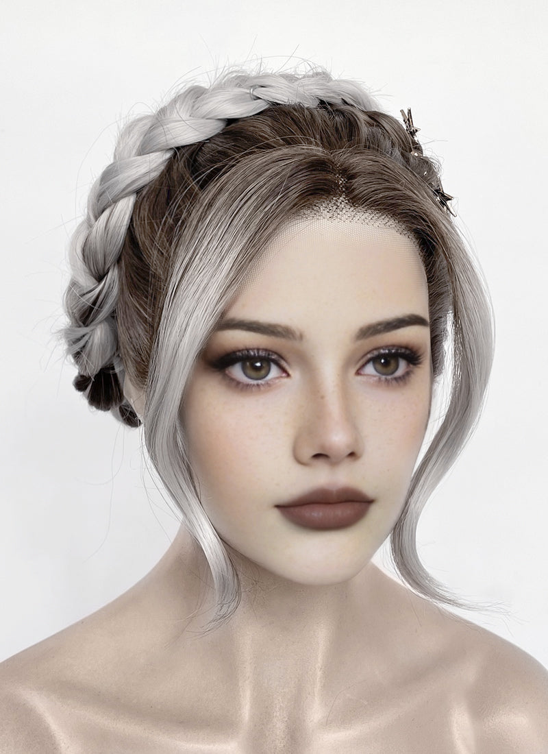 Fourth Wing Violet Sorrengail Brunette Silver Grey Ombre Braided Lace Front Synthetic Wig LF2188