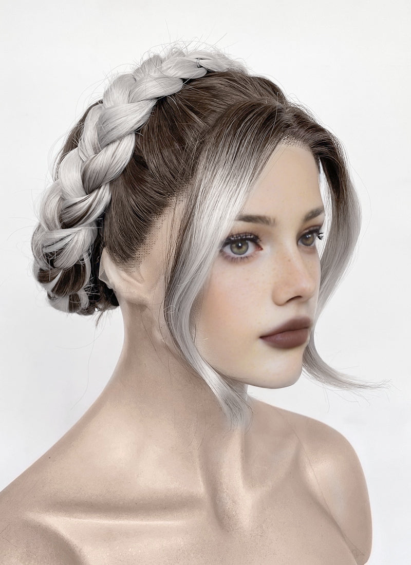 Fourth Wing Violet Sorrengail Brunette Silver Grey Ombre Braided Lace Front Synthetic Wig LF2188