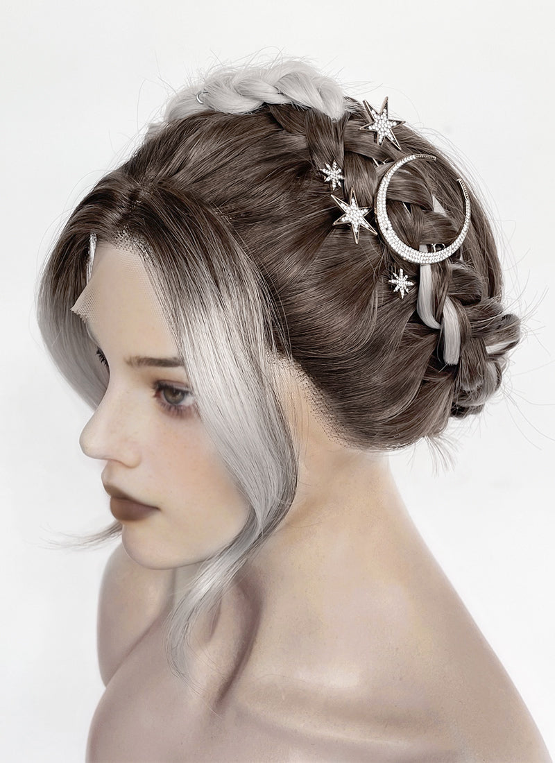 Fourth Wing Violet Sorrengail Brunette Silver Grey Ombre Braided Lace Front Synthetic Wig LF2188