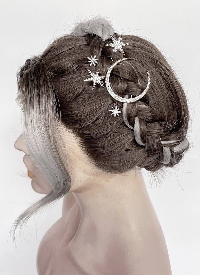 Fourth Wing Violet Sorrengail Brunette Silver Grey Ombre Braided Lace Front Synthetic Wig LF2188