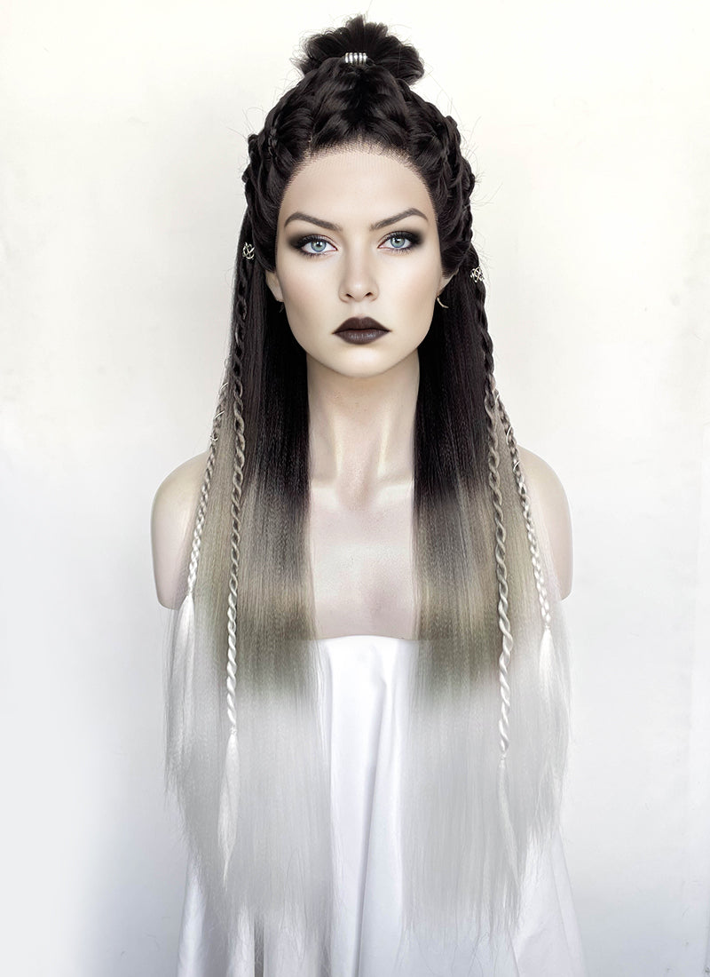 Black Grey White Ombre Braided Yaki Lace Front Synthetic Wig LF2194