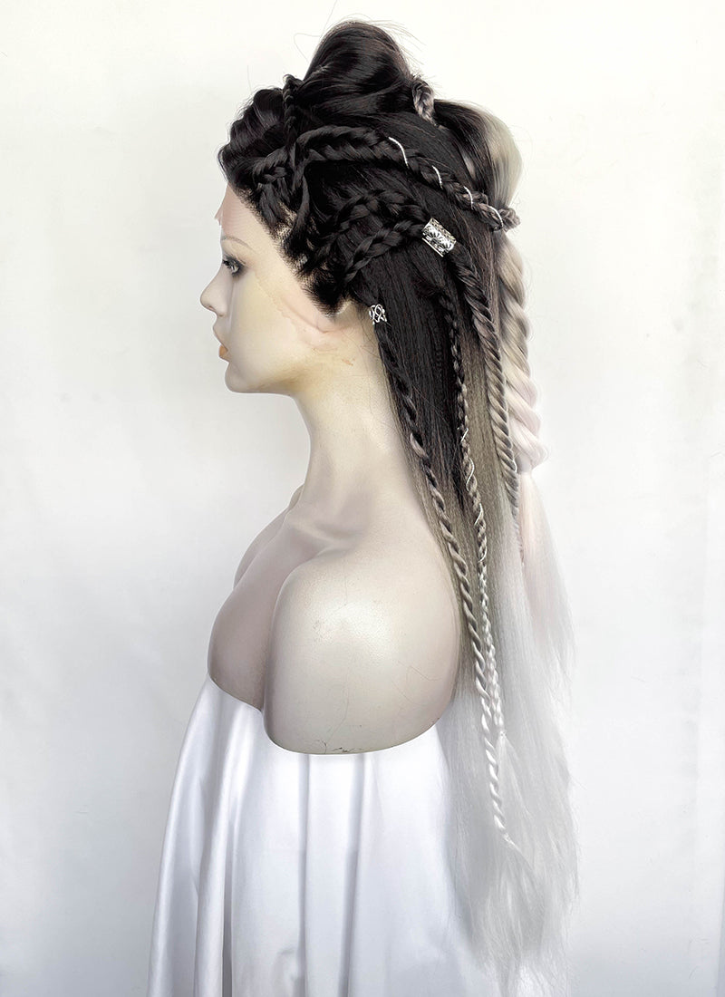 Black Grey White Ombre Braided Yaki Lace Front Synthetic Wig LF2194