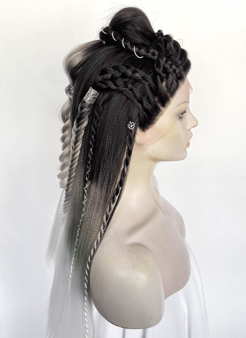 Black Grey White Ombre Braided Yaki Lace Front Synthetic Wig LF2194