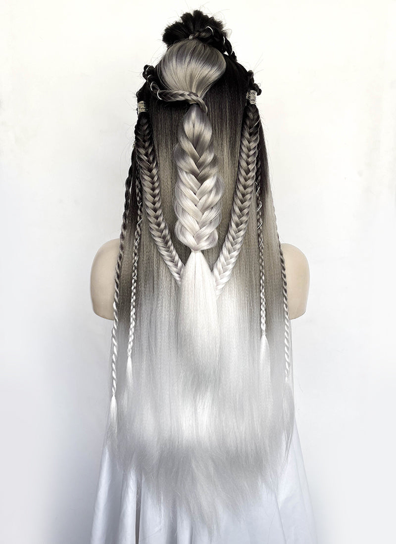 Black Grey White Ombre Braided Yaki Lace Front Synthetic Wig LF2194
