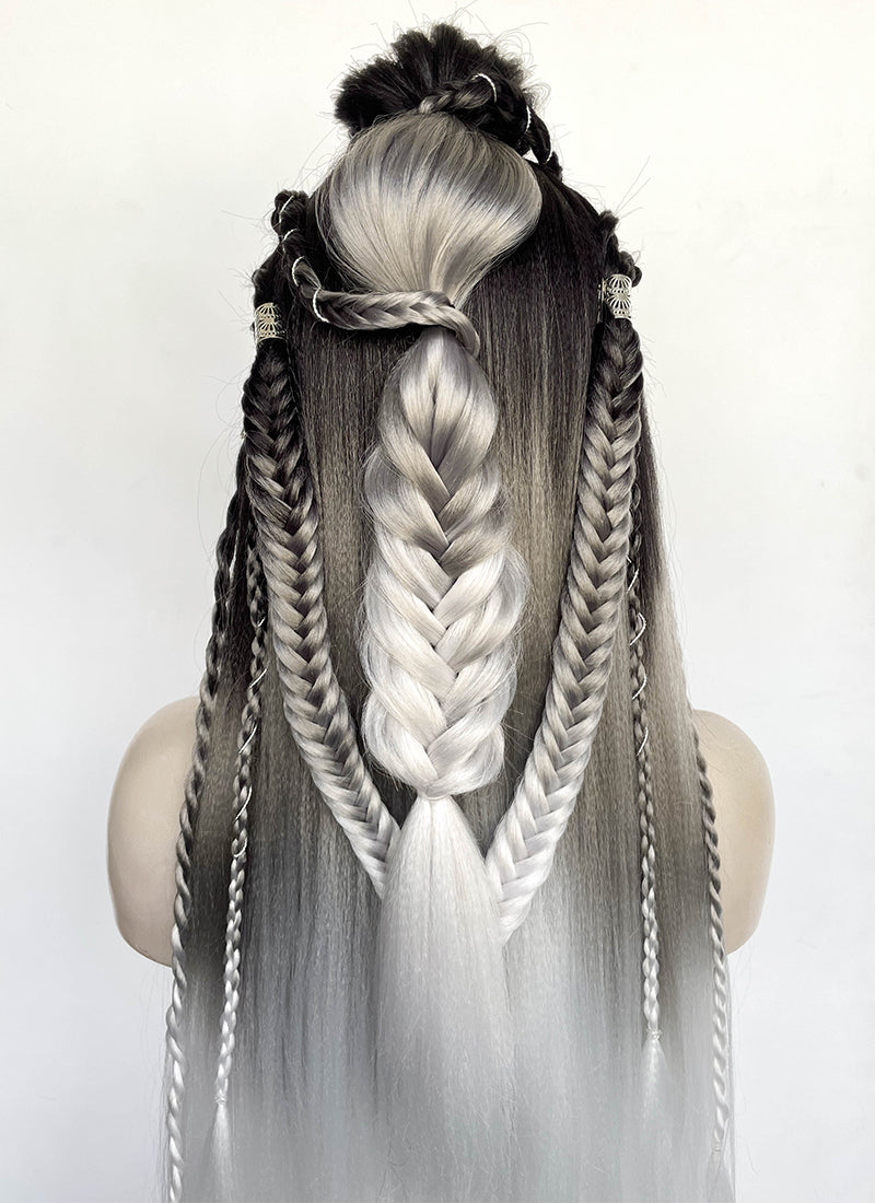 Black Grey White Ombre Braided Yaki Lace Front Synthetic Wig LF2194