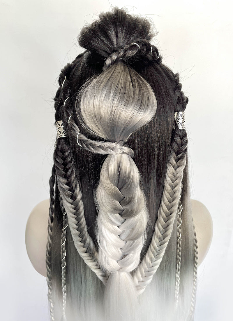 Black Grey White Ombre Braided Yaki Lace Front Synthetic Wig LF2194