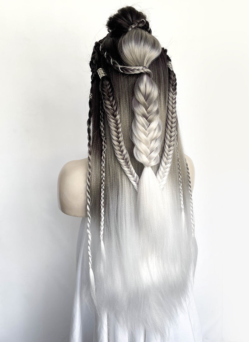 Black Grey White Ombre Braided Yaki Lace Front Synthetic Wig LF2194