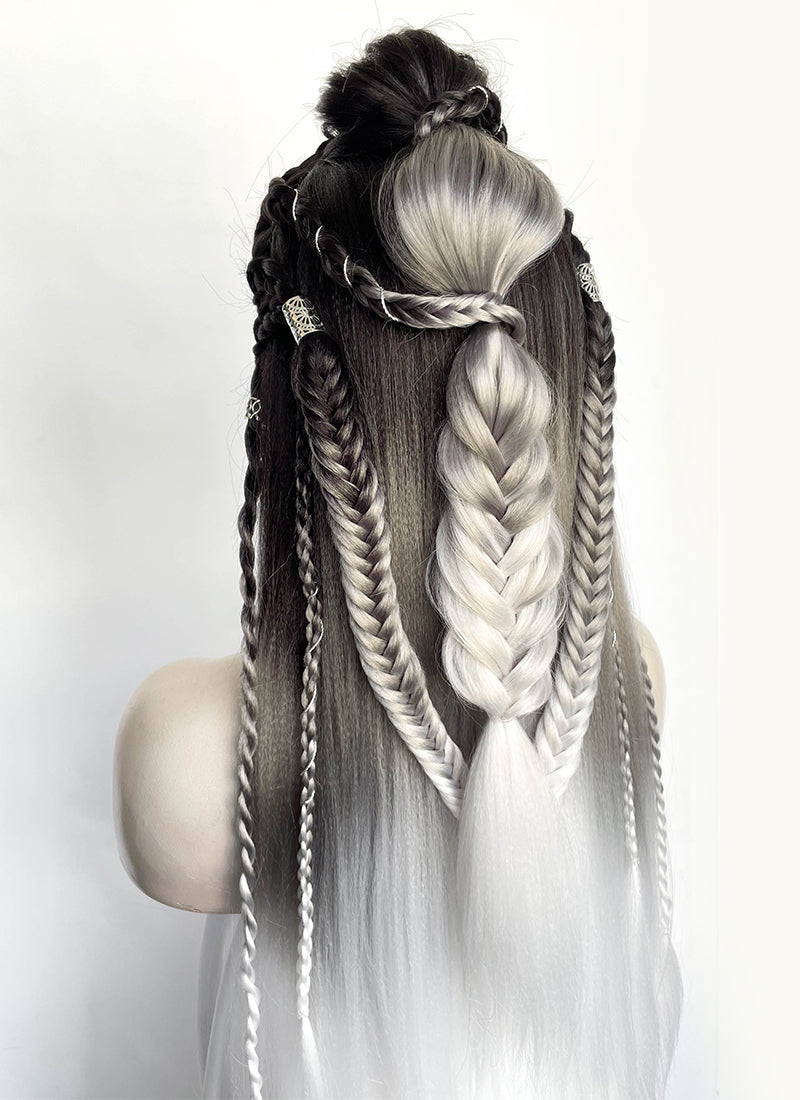 Black Grey White Ombre Braided Yaki Lace Front Synthetic Wig LF2194