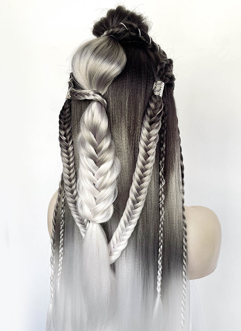 Black Grey White Ombre Braided Yaki Lace Front Synthetic Wig LF2194