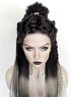 Black Grey White Ombre Braided Yaki Lace Front Synthetic Wig LF2194