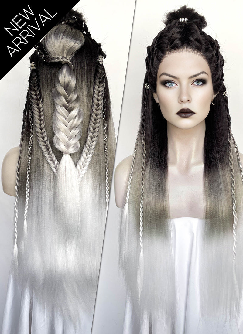 Black Grey White Ombre Braided Yaki Lace Front Synthetic Wig LF2194