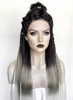 Black Grey White Ombre Braided Yaki Lace Front Synthetic Wig LF2194