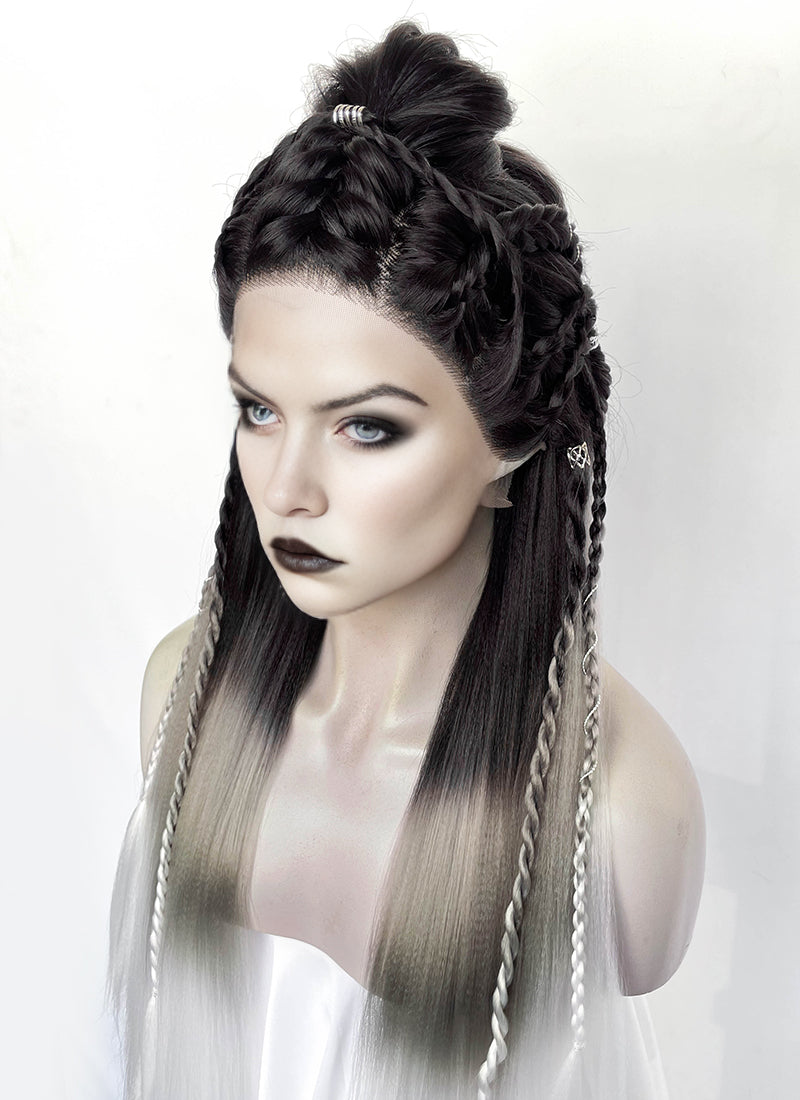 Black Grey White Ombre Braided Yaki Lace Front Synthetic Wig LF2194