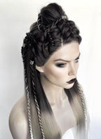 Black Grey White Ombre Braided Yaki Lace Front Synthetic Wig LF2194