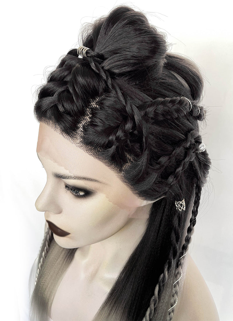 Black Grey White Ombre Braided Yaki Lace Front Synthetic Wig LF2194