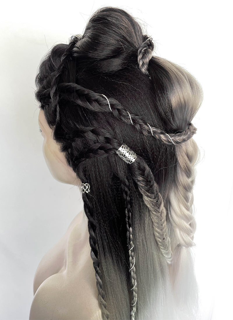 Black Grey White Ombre Braided Yaki Lace Front Synthetic Wig LF2194