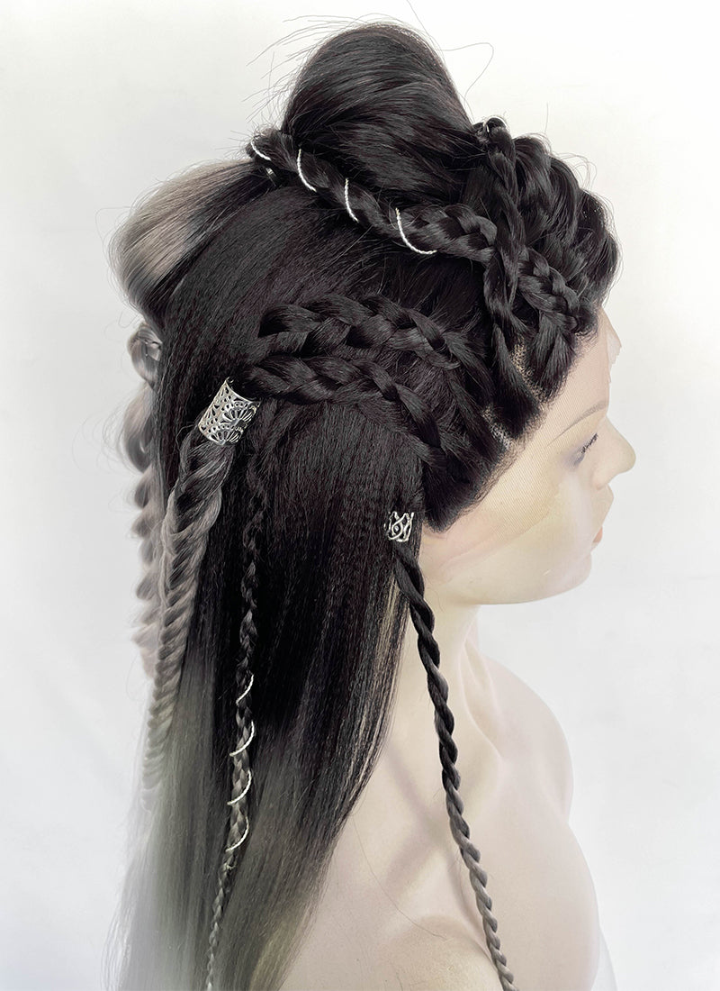 Black Grey White Ombre Braided Yaki Lace Front Synthetic Wig LF2194