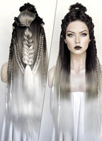 Black Grey White Ombre Braided Yaki Lace Front Synthetic Wig LF2194