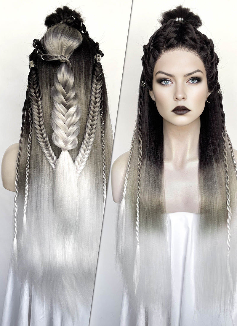 Black Grey White Ombre Braided Yaki Lace Front Synthetic Wig LF2194