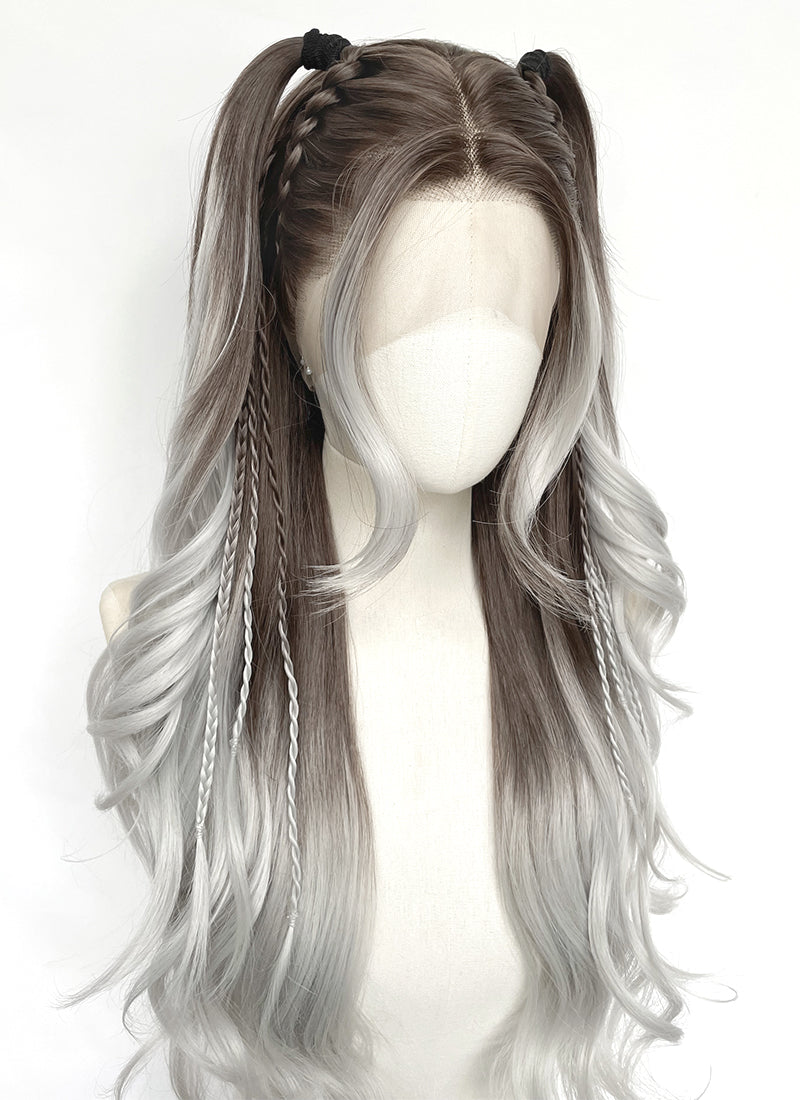 Brunette Silver Grey Ombre Braided Lace Front Synthetic Wig LF2201