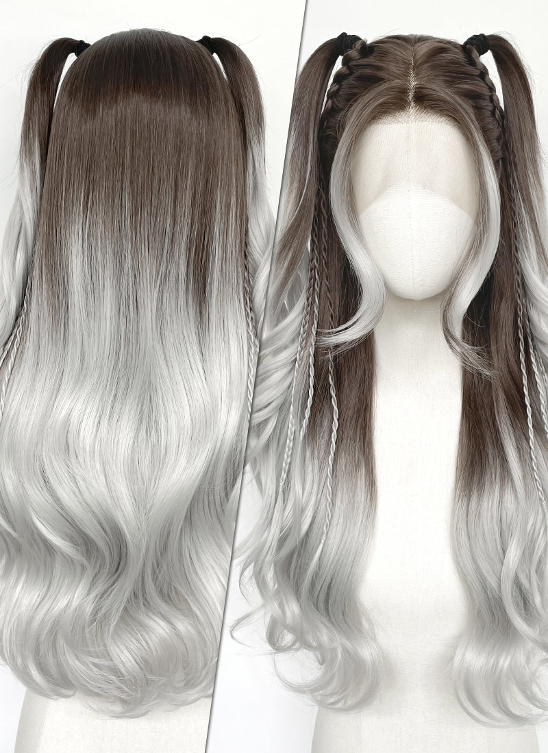 Brunette Silver Grey Ombre Braided Lace Front Synthetic Wig LF2201