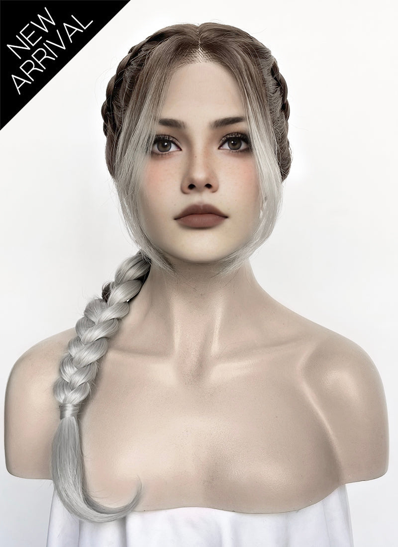 Fourth Wing Violet Sorrengail Brunette Silver Grey Ombre Braided Lace Front Synthetic Wig LF2519