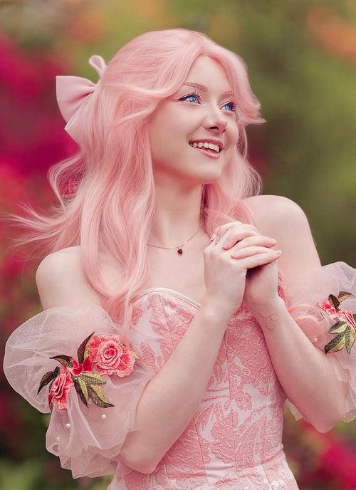 Pink Curtain Bangs Wavy Lace Front Synthetic Wig LF3347