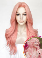 Pink Curtain Bangs Wavy Lace Front Synthetic Wig LF3347