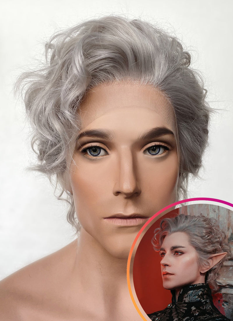 Baldur's Gate 3 Astarion Grey Curly Lace Front Synthetic Men's Wig LF6033