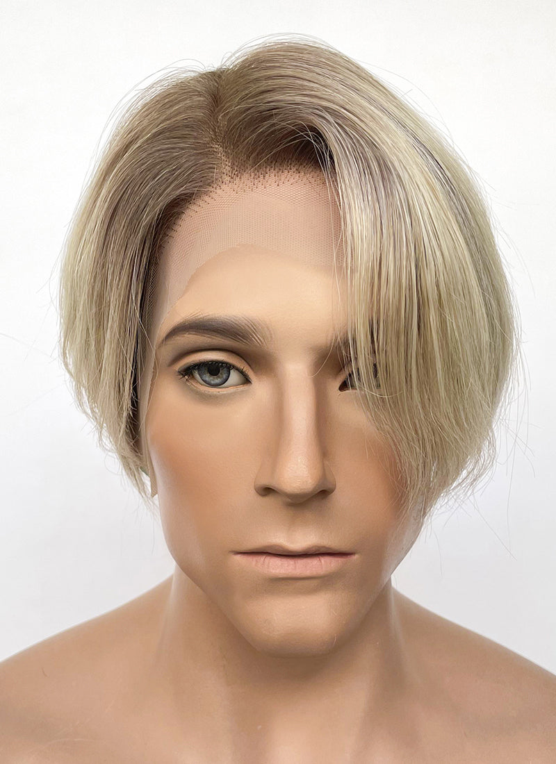 Straight Blonde With Brown Roots 13" x 6" Lace Top Kanekalon Synthetic Men's Wig NM024