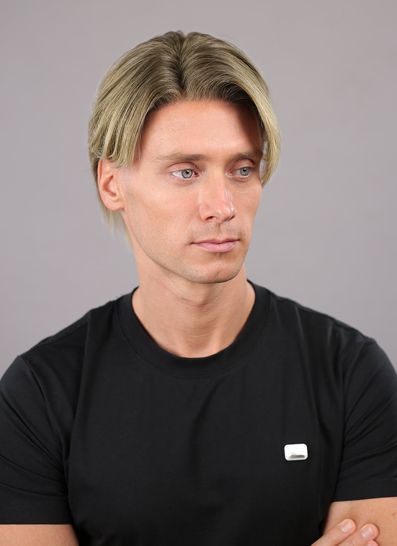 Straight Blonde With Brown Roots 13" x 6" Lace Top Kanekalon Synthetic Men's Wig NM024