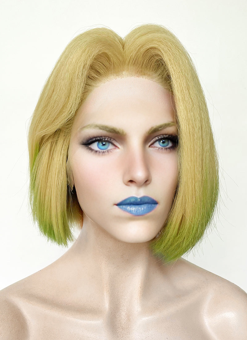 Marvel Rivals Emma Frost Blonde With Green Straight Bob Yaki Lace Front Synthetic Hair Wig LF6157