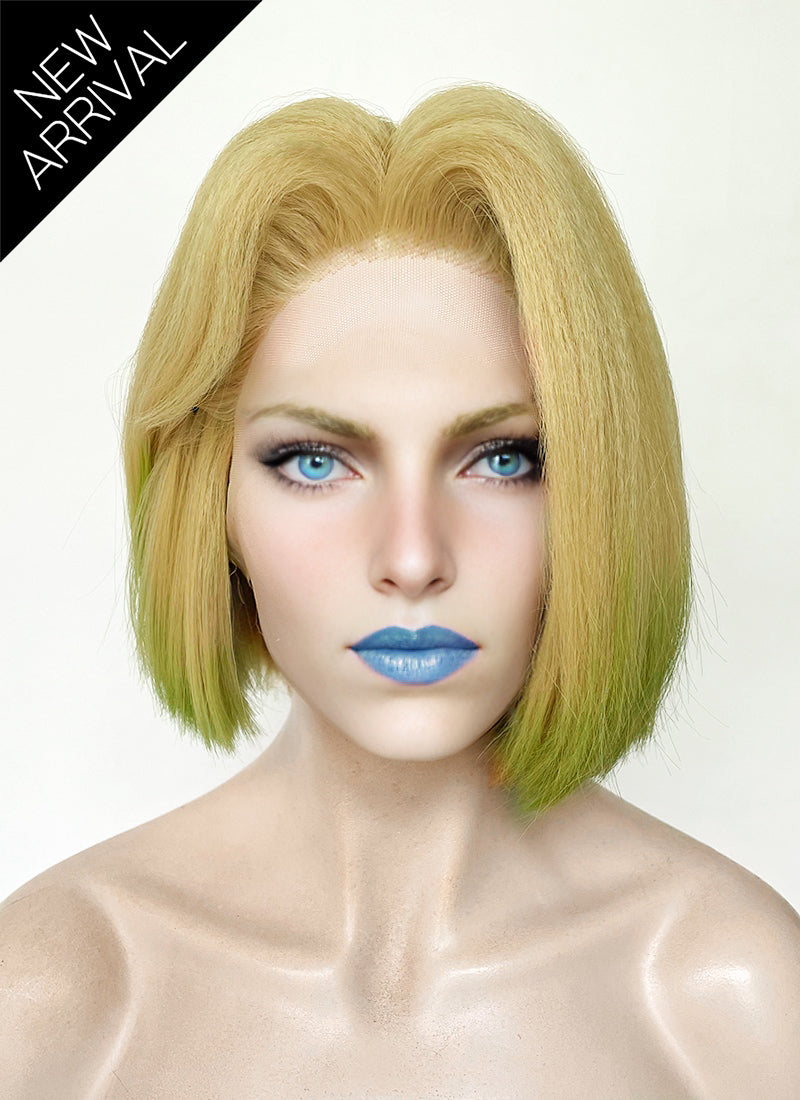 Marvel Rivals Emma Frost Blonde With Green Straight Bob Yaki Lace Front Synthetic Hair Wig LF6157