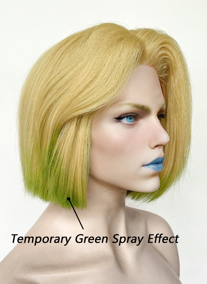 Marvel Rivals Emma Frost Blonde With Green Straight Bob Yaki Lace Front Synthetic Hair Wig LF6157