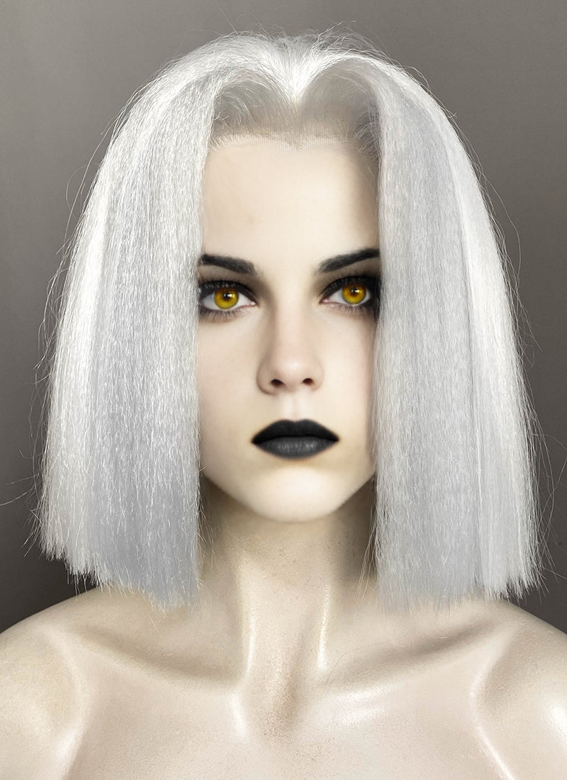 Hazbin Hotel Lute Silver Grey With White Straight Bob Yaki Lace Front Synthetic Hair Wig LF6161