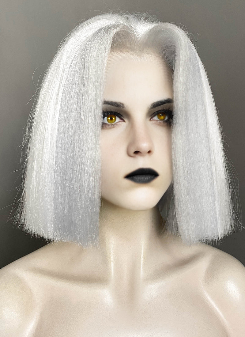 Hazbin Hotel Lute Silver Grey With White Straight Bob Yaki Lace Front Synthetic Hair Wig LF6161