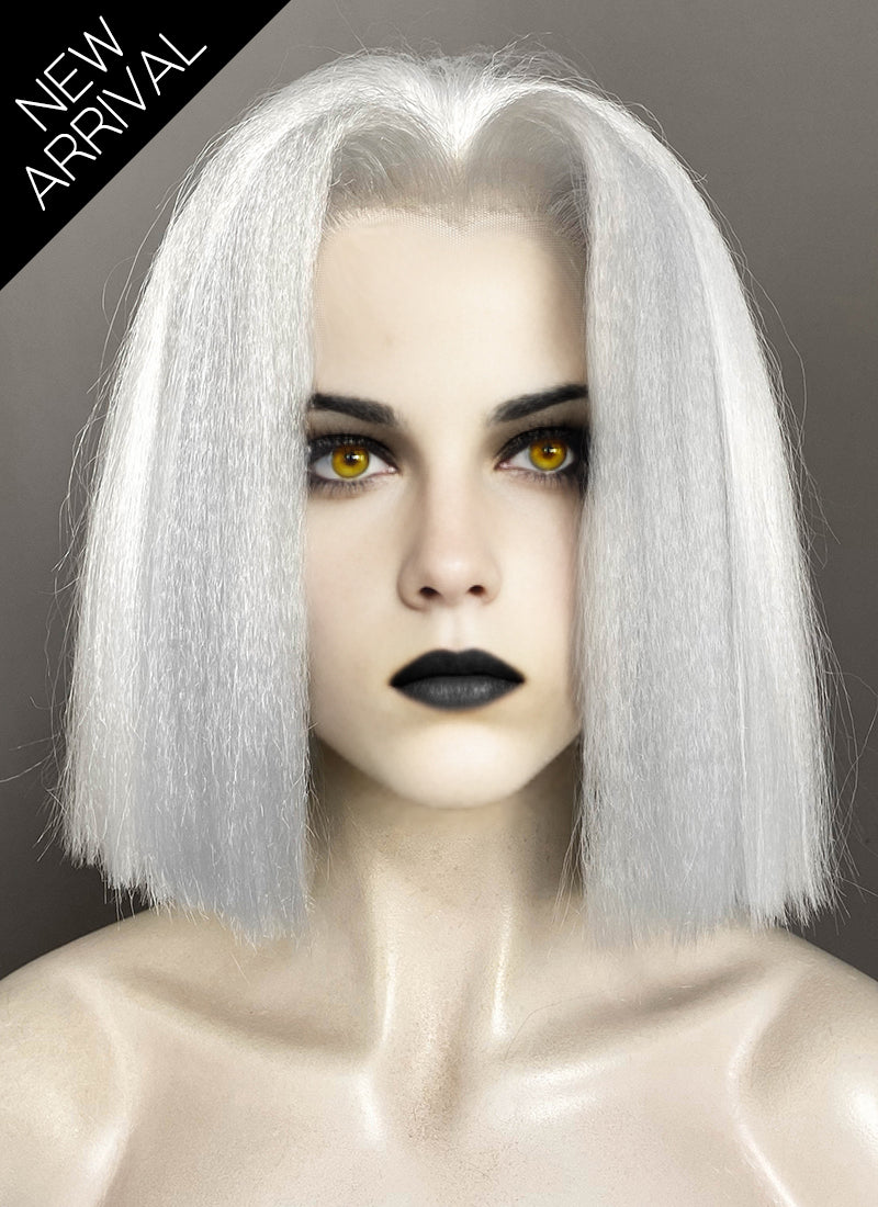Hazbin Hotel Lute Silver Grey With White Straight Bob Yaki Lace Front Synthetic Hair Wig LF6161