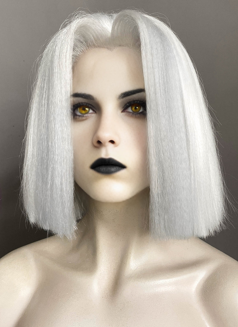 Hazbin Hotel Lute Silver Grey With White Straight Bob Yaki Lace Front Synthetic Hair Wig LF6161